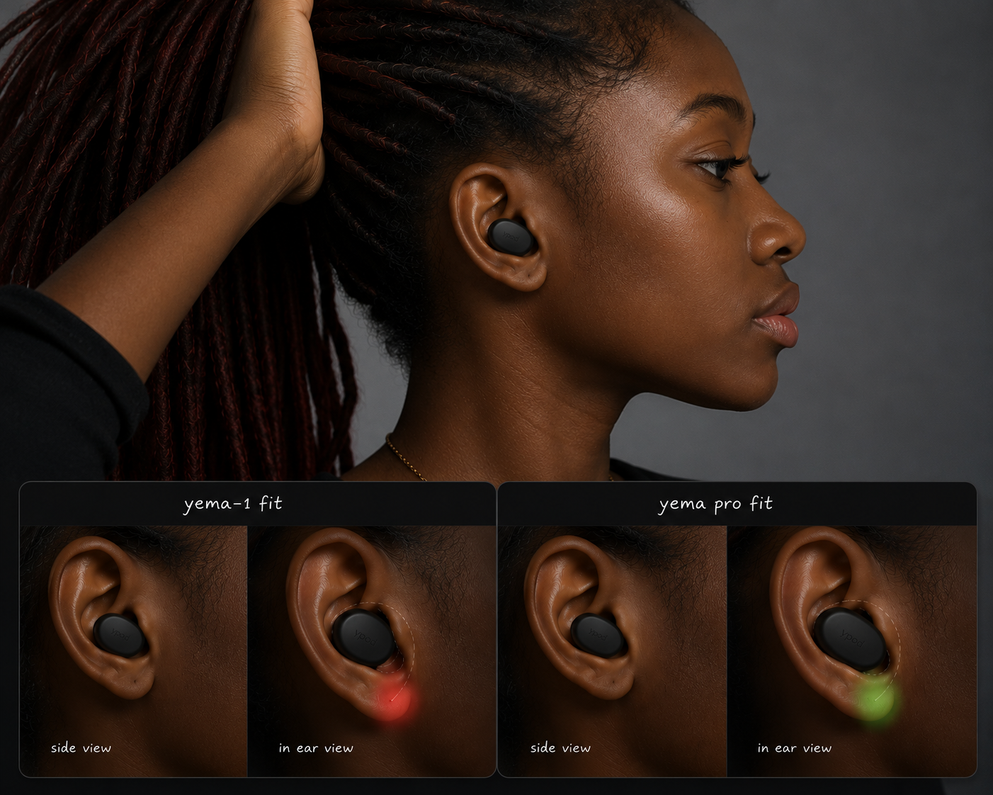 yema pro fit visualization on a model ear with comparison panels